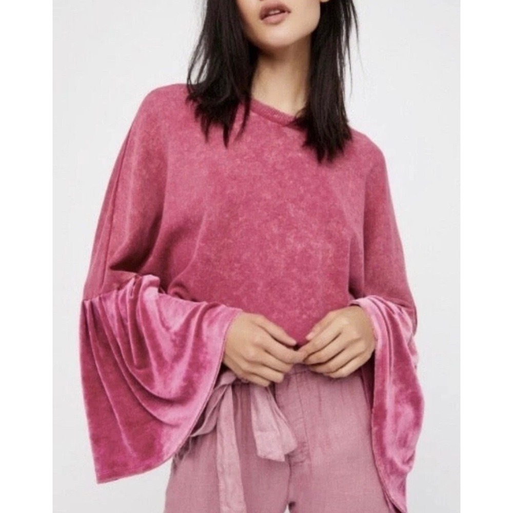 Free People Mixed Media Bell Sleeve Sweatshirt Acid Wash M